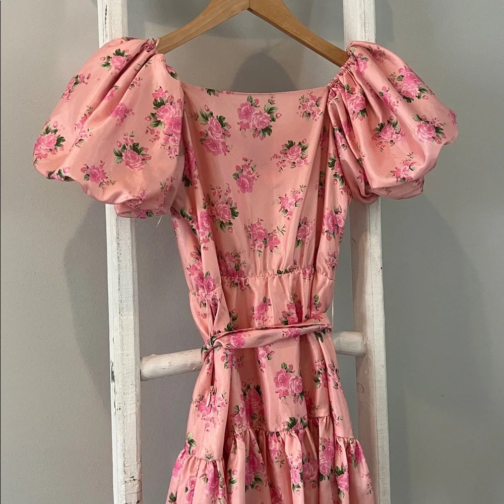 LoveShackFancy Cecile Pink Floral silky belted puff sleeve Mini Dress size 0 - Picture 8 of 10